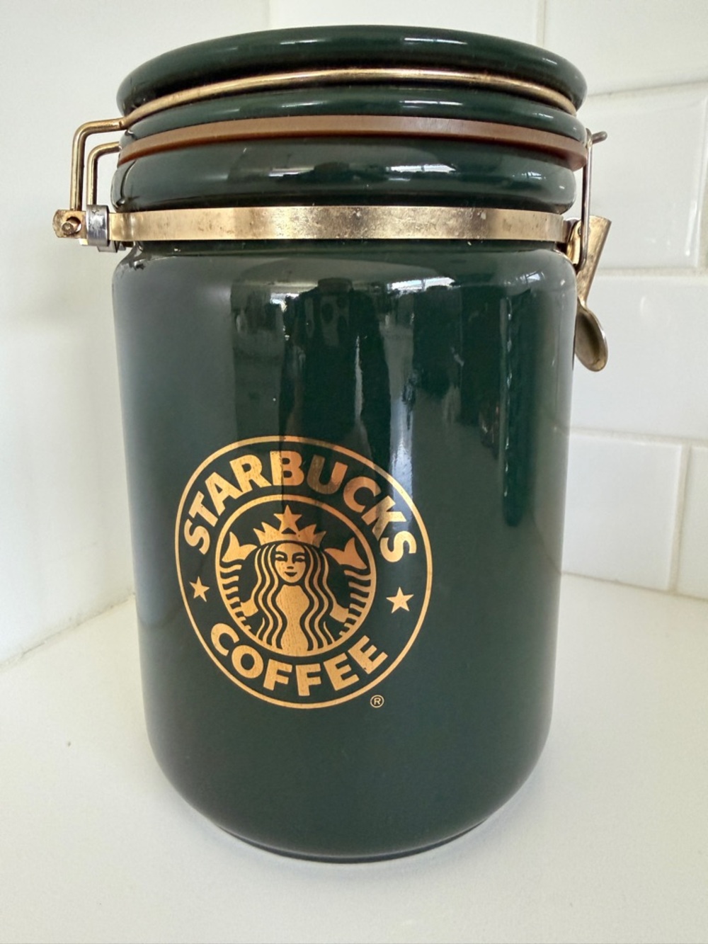 Starbucks Dark Green Ceramic Canister with Gold Logo and Clamp